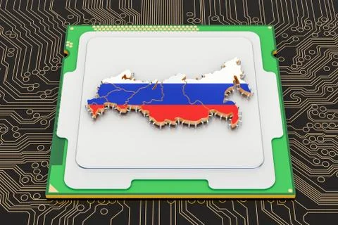 CPU computer processor unit with flag of Russia, 3D rendering Stock Illustration