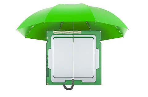CPU computer processor unit under umbrella. Security and protection concept,  Illustrazione stock