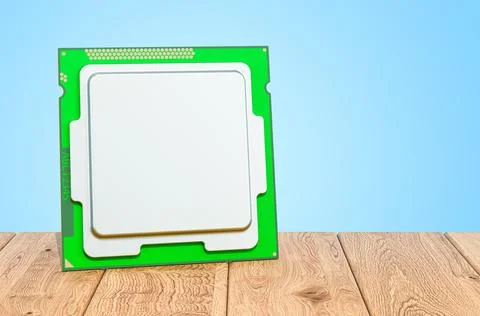 CPU computer processor unit on the wooden planks, 3D rendering Illustrazione stock