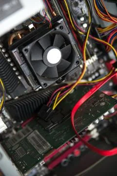 CPU cooler on the computer's motherboard. Close up view. Stock Photos