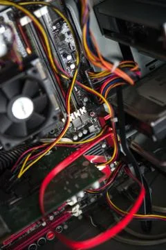 CPU cooler on the computer's motherboard. Close up view. Stock Photos