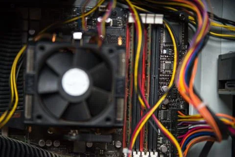 CPU cooler on the computer's motherboard. Close up view. Stock Photos