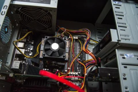 CPU cooler on the computer's motherboard. Close up view. Stock Photos