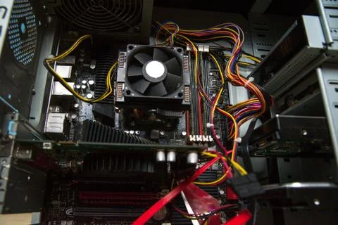 CPU cooler on the computer's motherboard. Close up view. Stock Photos