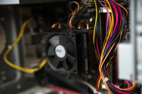 CPU cooler on the computer's motherboard. Close up view. Stock Photos