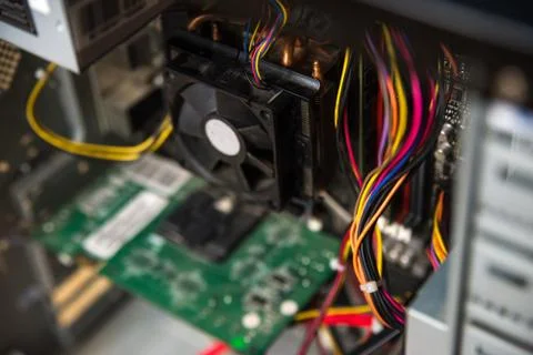CPU cooler on the computer's motherboard. Close up view. Stock Photos