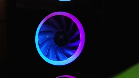 CPU Cooler Glowing LED Lights with Neon Effect - Zooming In Video Stock Footage 139048916