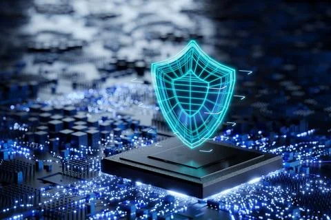 CPU critical protection. Microchip cryptography. Data protection concept. P.. Illustrazione stock