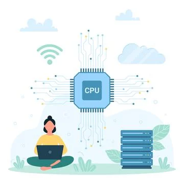 CPU data computing, tiny woman working with laptop and electronic infrastructure Illustration