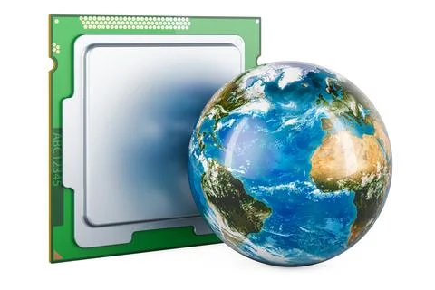 CPU with Earth Globe, 3D rendering 스톡 일러스트