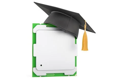 CPU with education cap, 3D rendering 스톡 일러스트