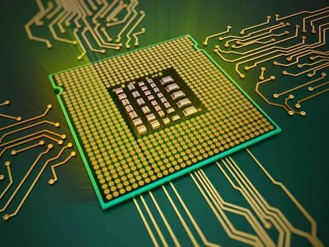 CPU emits green light rays CPU standing on circuit board emits green light... 스톡 사진