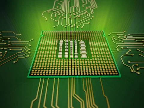 CPU emits green light rays CPU standing on circuit board emits green light... 스톡 사진