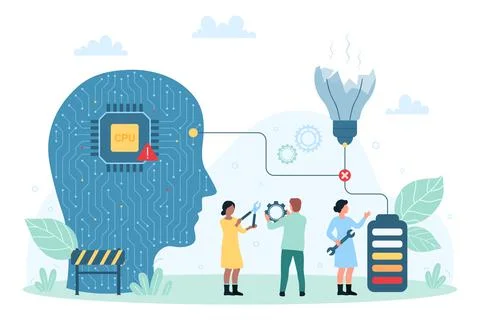 CPU error, failure of hardware component, tiny people connect battery with イラスト素材