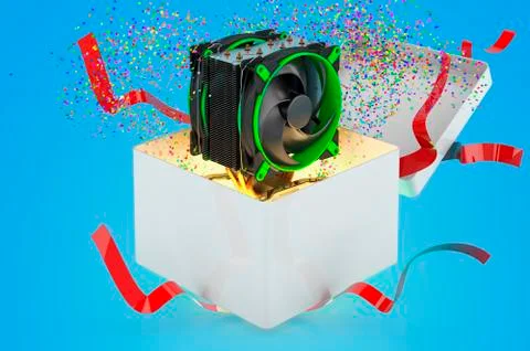 CPU fan inside gift box, gift concept. 3D rendering Illustrazione stock