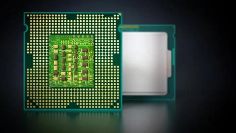 CPU front and backside isolated on black background. 3D illustration Illustrazione stock