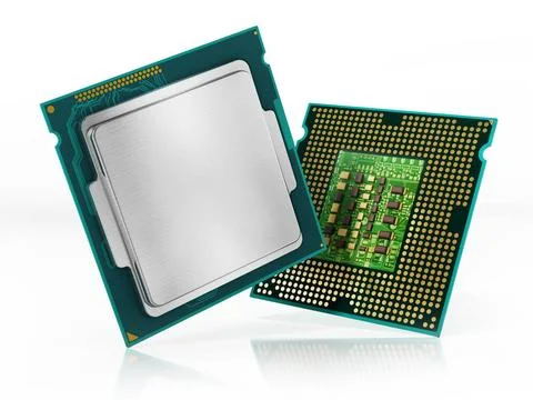 CPU front and backside isolated on white background. 3D illustration CPU f... 스톡 사진