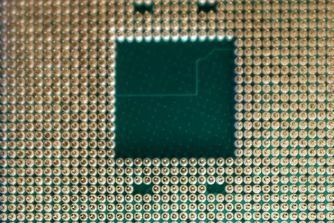CPU golden pins contacts, processor unit close-up Foto stock