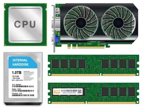 Cpu graphic card harddisk ram on white background Illustrazione stock