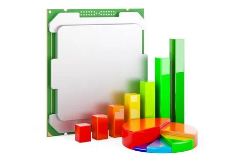 CPU with growth bar graph and pie chart, 3D rendering 스톡 일러스트