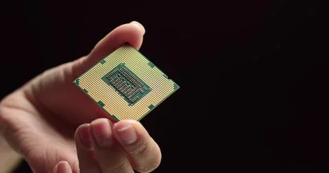 CPU in hands of a technician. The processor is being examined for apparent 스톡 사진