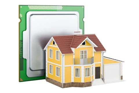 CPU with home, 3D rendering 스톡 일러스트