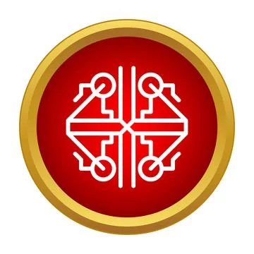 Cpu icon centered in a red circular button with a golden frame Stock Illustration