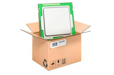 CPU inside cardboard box, delivery concept. 3D rendering Illustrazione stock