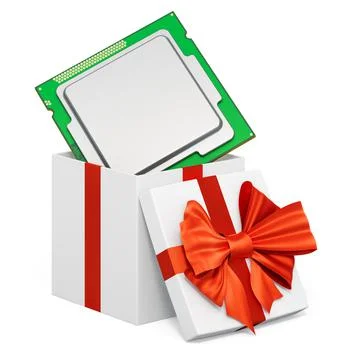 CPU inside gift box, present concept. 3D rendering Illustrazione stock