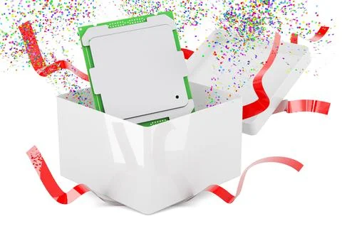 CPU inside gift box, present concept. 3D rendering Illustrazione stock