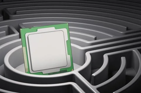 CPU inside labyrinth maze, 3D rendering Stock Illustration