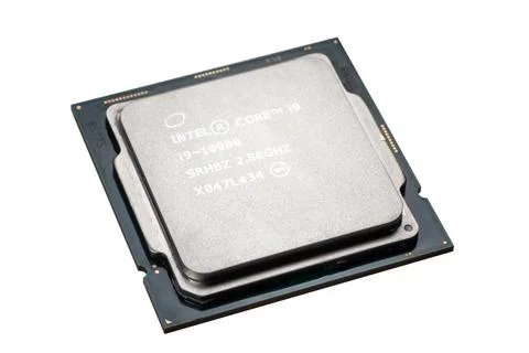 CPU Intel Core i9-10900 Central processing unit microchip, isolated on white  스톡 사진