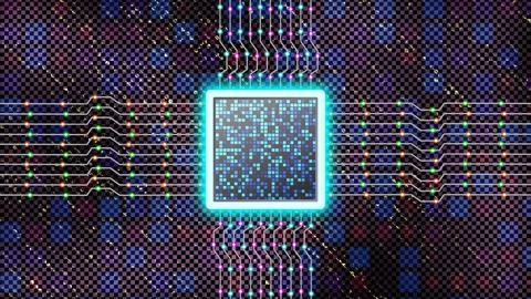 Cpu microchip image with purple background Illustrazione stock