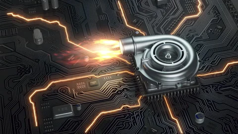 CPU microchip turbocharger with fire flame on computer motherboard. Stock Footage 307876170