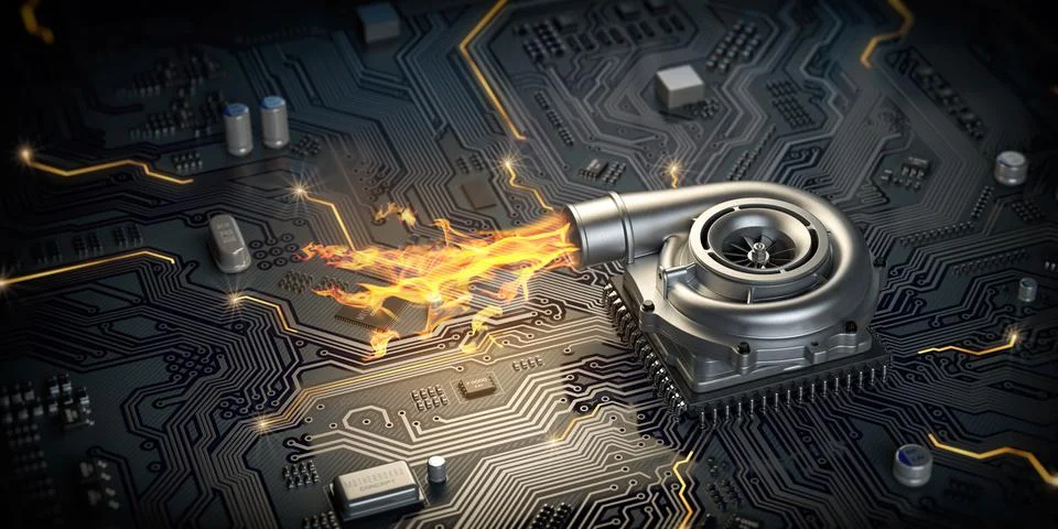 CPU microchip turbocharger with fire flame on computer motherboard. Processor 스톡 일러스트