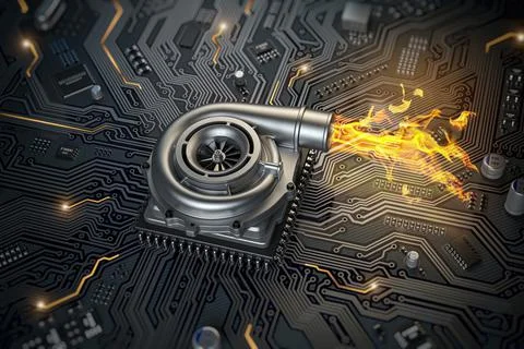 CPU microchip turbocharger with fire flame on computer motherboard. Processor 스톡 일러스트