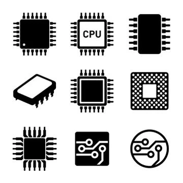CPU Microprocessor and Chips Icons Set. Vector 스톡 일러스트