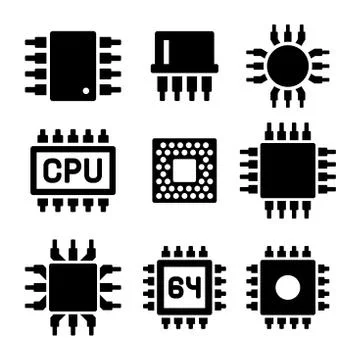 CPU Microprocessor and Chips Icons Set. Vector 스톡 일러스트