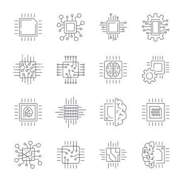 CPU Microprocessor and Chips Icons Set. Vector. Editable Stroke Stockillustratie