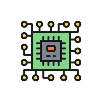 CPU microprocessor, computer chip flat color line icon. 스톡 일러스트