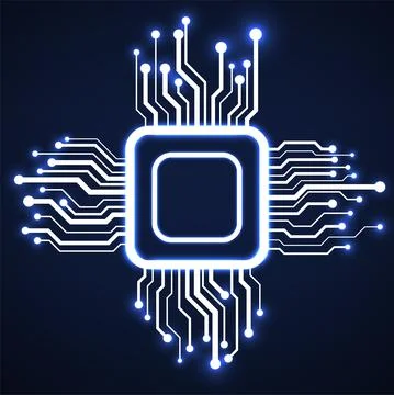 Cpu. Microprocessor. Microchip. Neon technology symbol. Vector Stock Illustration