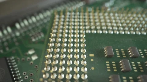 CPU microprocessor in super macro shot. Many connectors, chip, cores of Video stock 141581366