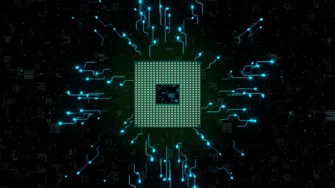 CPU. Modern processor. Motherboard. Computer chip with connections and signals. Video stock 203856516