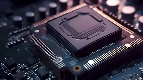 CPU. Modern processor. Motherboard. Computer chip with connections and signals. Stock Footage 239640389