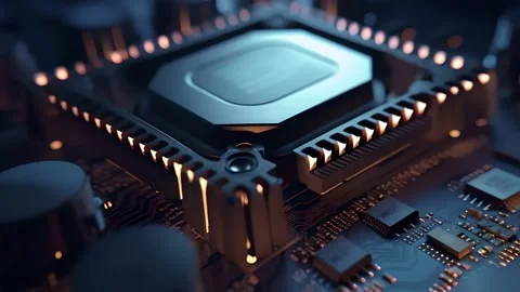 CPU. Modern processor. Motherboard. Computer chip with connections and signals. Stock Footage 239640411