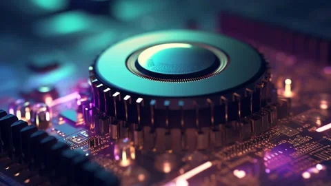 CPU. Modern processor. Motherboard. Computer chip with connections and signals. Stock Footage 239640419