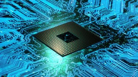 CPU. Modern processor. Motherboard. Computer chip with connections and signal 스톡 일러스트