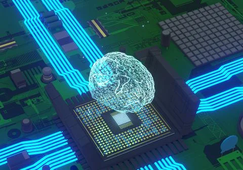 CPU motherboard with artificial intelligence and brain illustration 스톡 일러스트