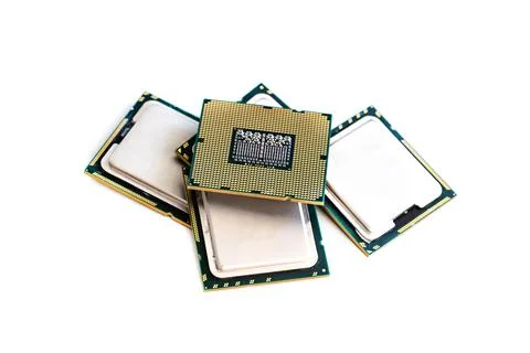 Cpu or Microchip Computer set with gold stroy on the background of silver chi Stock Photos