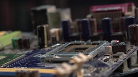 CPU PCI and RAM Memory Sockets and Slots on Computer Motherboard, Close Up Stock Footage 328222876